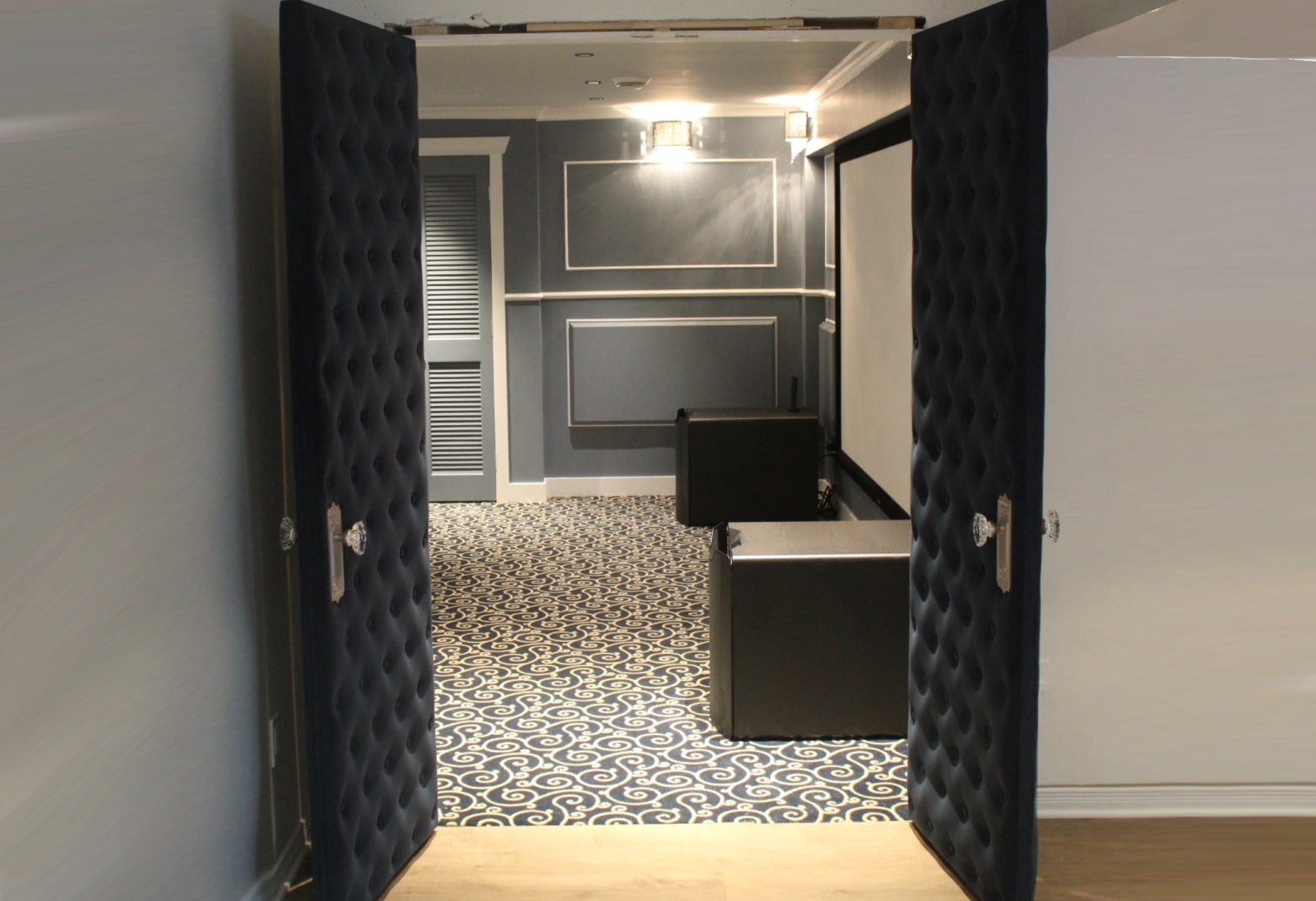 custom made tufted home cinema room doors covered with velvet