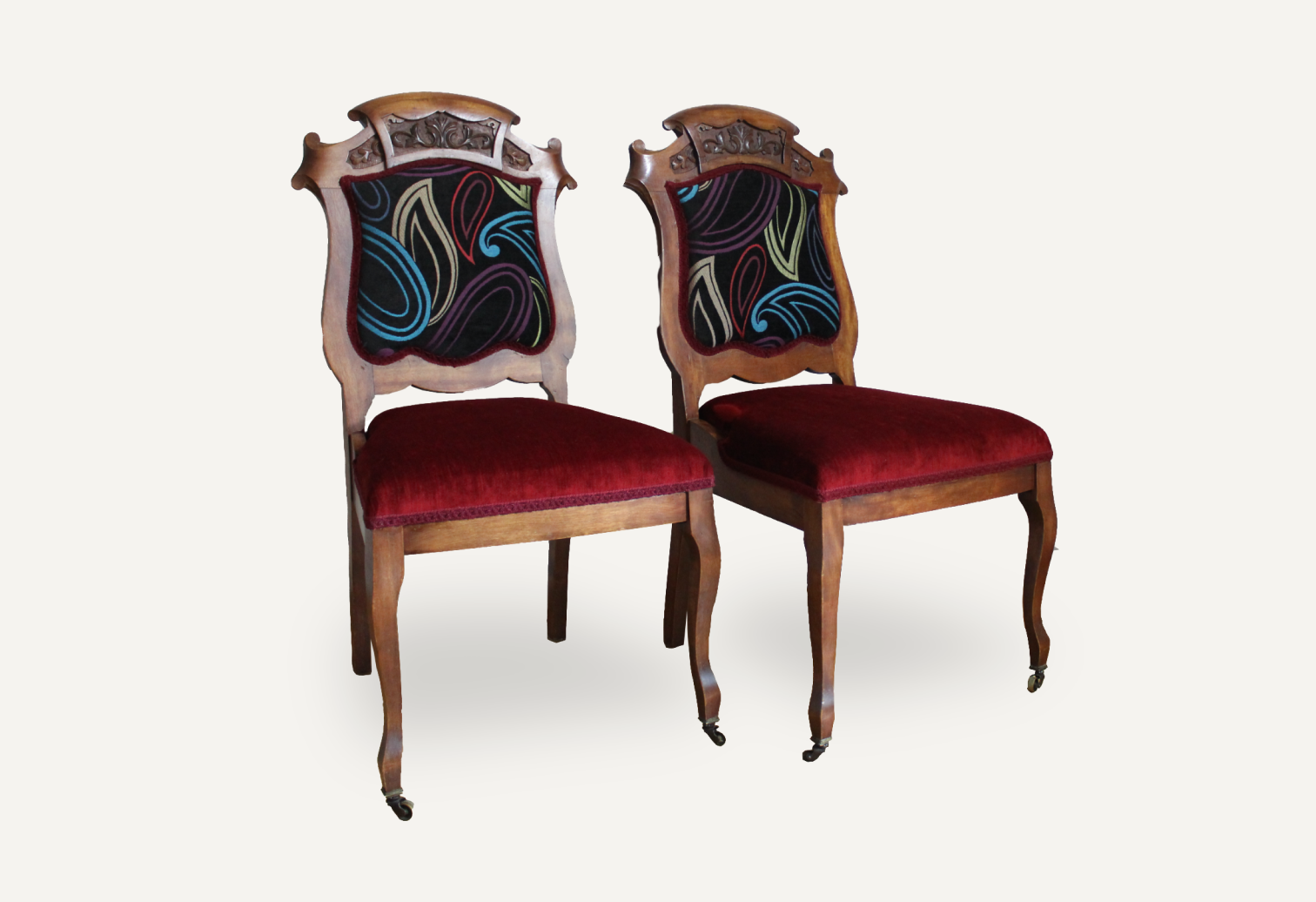 reupholstery two antique wood and velvet chairs