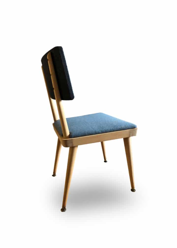 rembourrage chaise vintage années 50 en bois recouvrement en tissu de laine