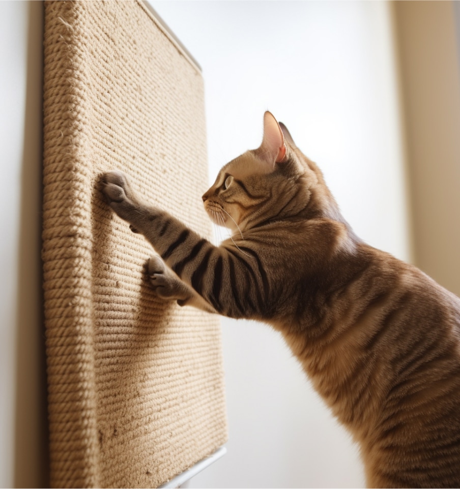 Cats sharpen their claws, but not just anywhere. Side view of a cat scratching a panel on wall