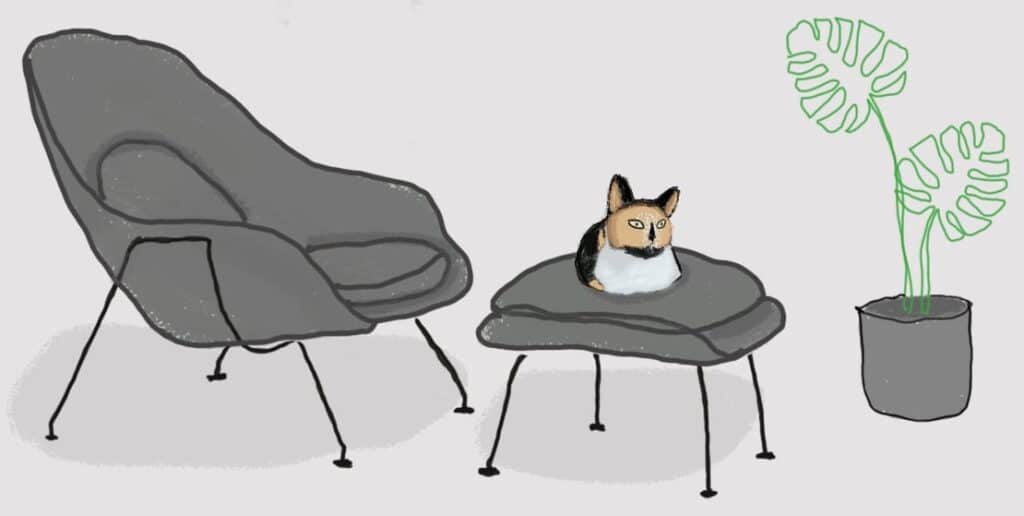 Drawing of a cat laying on an ottoman in front of a chair