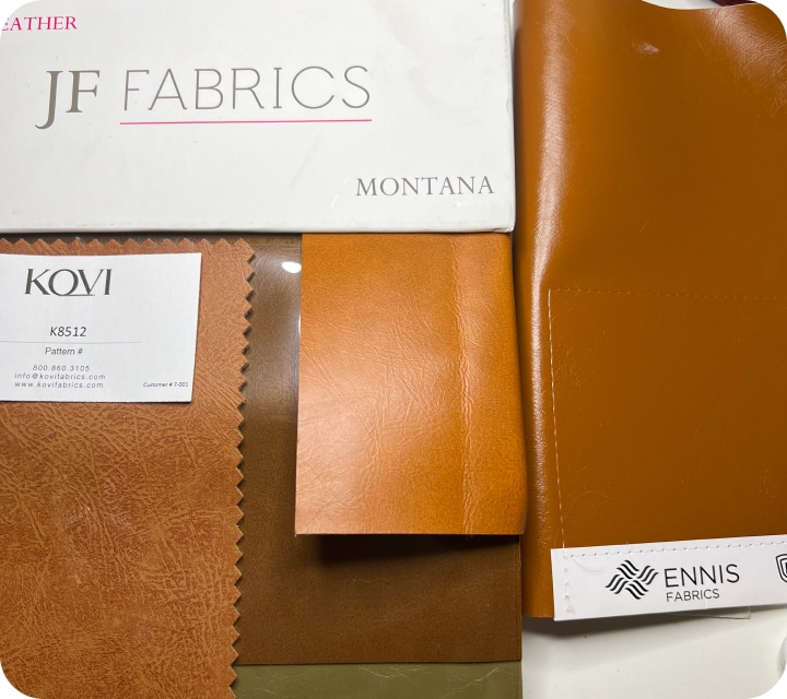 Example of a sample of caramel-colored faux leather. Brands Jf Fabrics, Kovi, Ennis Fabrics.