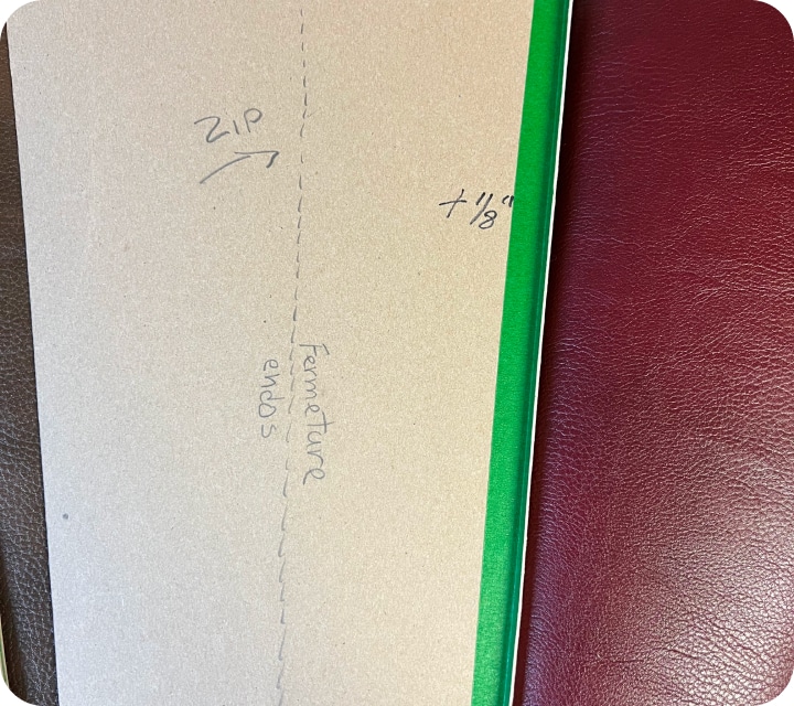 Close-up of a cardboard template detail. It shows a dotted line in the center with "Zipper" and "Back" written on each side. A zipper is just above, pointing with an arrow at the dotted line. A measurement indicating +1/8" to the left.