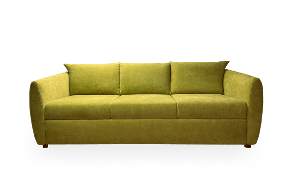 Vue de face, Sofa 3 places avec un grand coussin au siège et 3 coussins au dossier. Profil bas, pieds de 2 pouces, formes arrondies aux appui-bras et sur le pourtour du meuble. Sofa créé sur mesure selon les choix et préférences des clients.